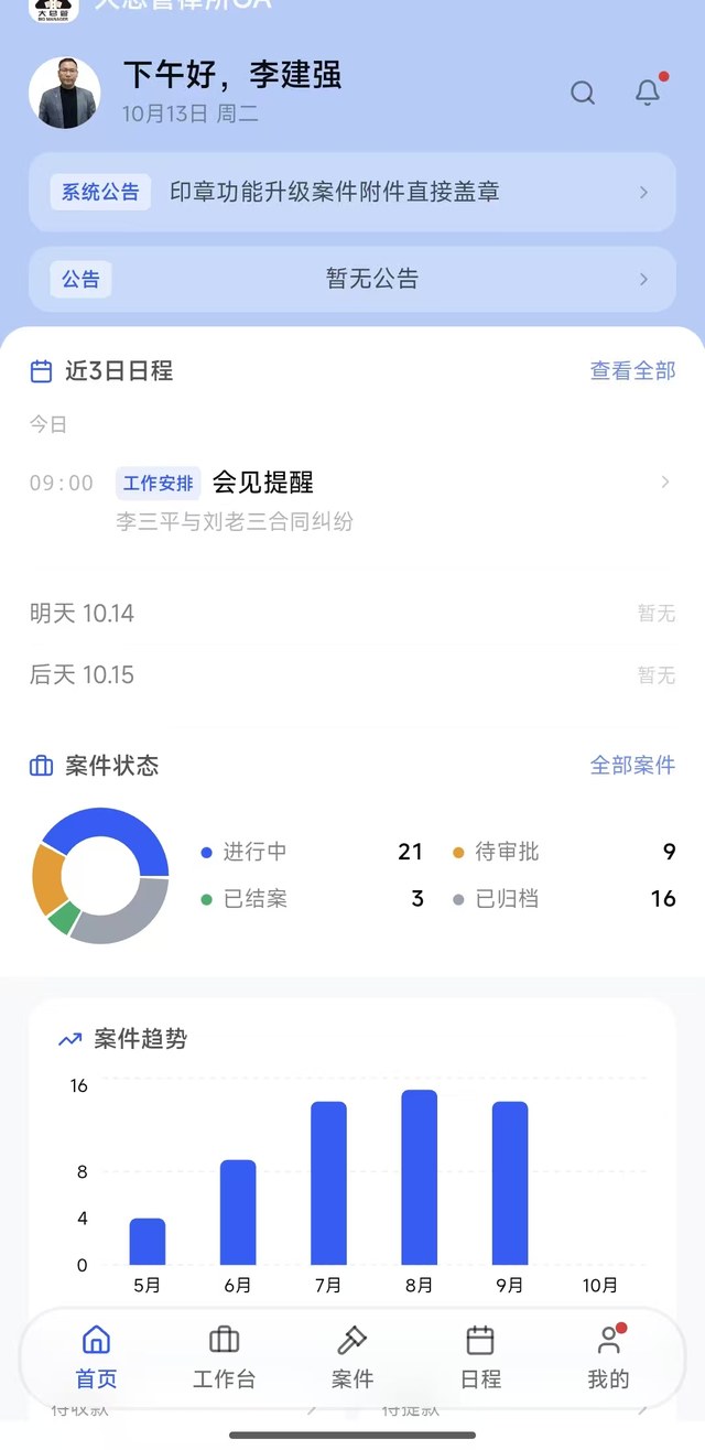 大总管手机端首页：近3日日程、案件状态与案件趋势一屏掌握